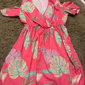 Tropical Pink Dress with Leaf Print